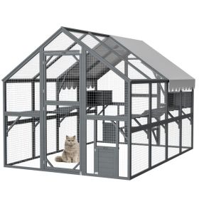 Extra Spacious Catio Outdoor Cat Haven, 110 Inch Luxury Cattery With Weather-Resistant Roof, Cat Climbing Ramp, Space Pod Bed, 2 Lounging Huts