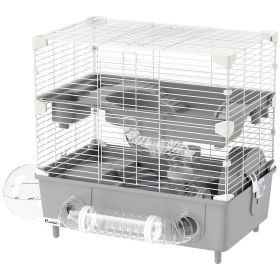 2-Tier Hamster Cage With Sand Bathroom, Running Wheel, Water Bottle, Tubes, Accessories, For Hamster, Gray