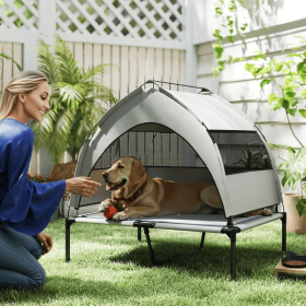Elevated Dog Bed With Removable Canopy, Portable Outside Raised Pet Cot With Cooling Pad, Storage Bag