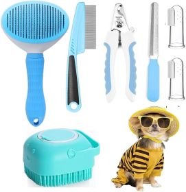 7pcs Pet Grooming Kit, Self-Cleaning Brush Shedding Kit With Nail Clipper, Flea Comb, Shampoo Bath Brush, Finger Toothbrush