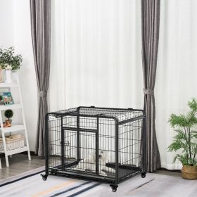 Folding Design Metal Dog Crate & Heavy Duty Kennel with Removable Tray 4 Locking Wheels 37" x 22.75" x 27.25"