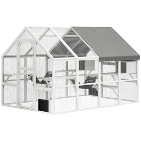 Wooden Catio Outdoor Cat Enclosure With Waterproof Cover, 2 Condos, 6 Platforms, Bridge, Doors, White