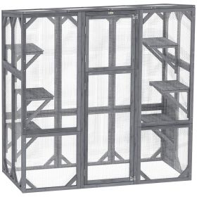 Large Wooden Catio Outdoor With 6 Jumping Platforms, Weatherproof Roof, For 1-3 Cats, 59 X 28 X 60, Gray