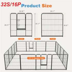 Dog Playpen Indoor Fence Height Metal Exercise Pen With Door Small Puppy-Medium-Large Dogs Animal Pet For Outdoor, Garden, Yard (Option: 32S 16P)